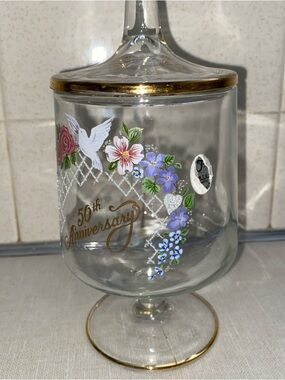 FENTON VTG  50th Anniversary Covered Candy Dish Gold Trim Floral Clear Glass